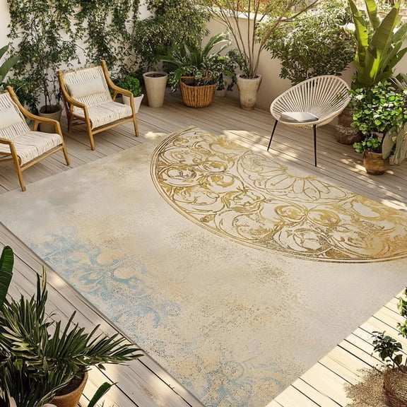 Golden Floral Outdoor Rug 5x7 Ft - Reversible Patio Rug Outdoor Camping Rugs, Vintage Smear Abstract Art Washable Indoor Outdoor Area Rugs, Non-Slip Outdoor Carpet Runner for Deck/Porch