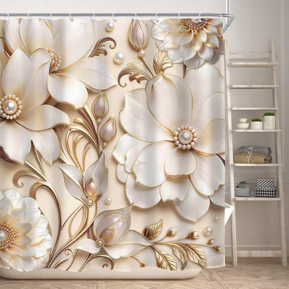 Golden Floral Shower Curtain for Bathroom Decor Pearls Flower Plant Modern Luxury Elegant Aesthetic Chic Pretty Beautiful Fabric Waterproof Polyester Pack Hooks-72"W x 96"L (Pack of 1)
