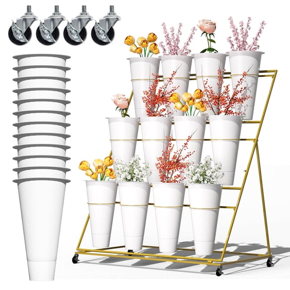 Golden Flower Bar Stand, Lockable Casters, 3.5" Width Containers, 3-Tier Iron Structure, White Circular Plant Pots, Garden, Balcony, Event