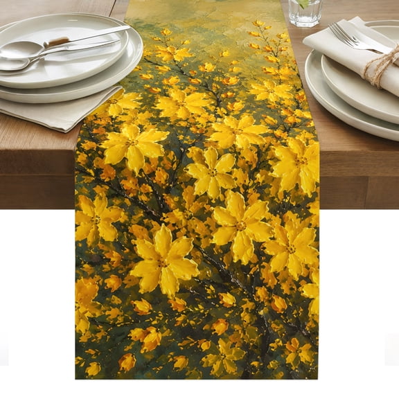 Golden Flower Table Runner, Yellow Fallen Leaf Botanical Vintage Oil Painting Style Washable Kitchen Table Runners for Dining Table Decorations Party/Restaurant/Indoor Outdoor Use, 13x36in