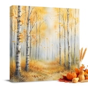 Golden Forest Canvas Wall Art, Fall Misty Yellow Tree Amber Leaf Birch Trunks Path Framed Wall Decor Modern Artwork Prints Painting for Living Room, Bedroom, Kitchen & Cafe Decor 8x8 Inch