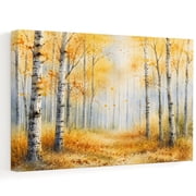 Golden Forest Canvas Wall Art, Fall Misty Yellow Tree Amber Leaf Birch Trunks Path Wall Art Prints Artwork Framed Canvas Ready to Hang Art Pictures for Bathroom, Dressing Table, Entryway 12" x 8"