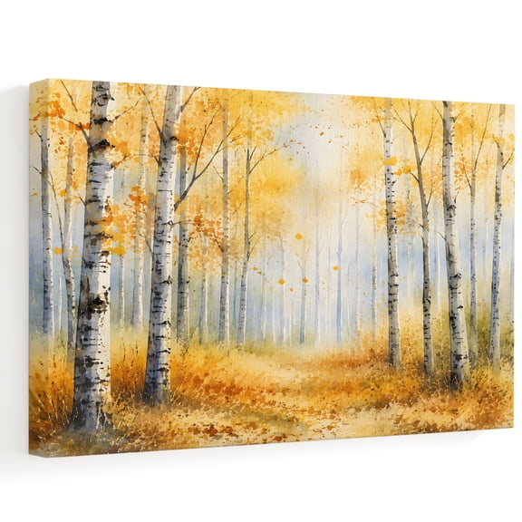 Golden Forest Canvas Wall Art, Fall Misty Yellow Tree Amber Leaf Birch Trunks Path Wall Art Prints Artwork Framed Canvas Ready to Hang Art Pictures for Bathroom, Dressing Table, Entryway 12" x 8"