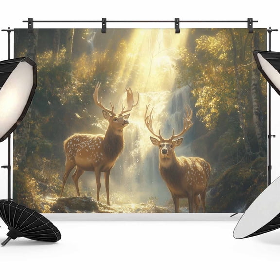 Golden Forest Deer Backdrop for Photoshoot,Photography Photo Studio Background Wall Backdrop,Fantasy Vintage Nature Scenery Back Drop Banner Panel for Portraits Wedding Party Live Streaming 7x5Ft