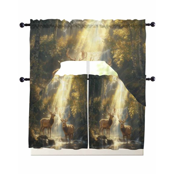 Golden Forest Deer Kitchen Curtains Swag Valance and Tier Curtains Set 36 Inch Length, Fantasy Vintage Nature Scenery Rod Pocket Drape Panels Pair Swag Curtain for Bathroom/Cafe/Window