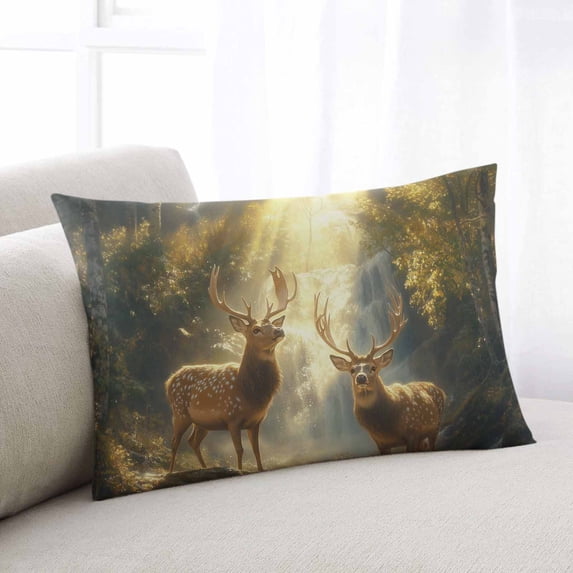 Golden Forest Deer Small Pillow Covers, Fantasy Vintage Nature Scenery Soft Breathable Throw Pillow Cases with Invisible Zipper, Decorative Pillowcase Pillows Protectors for Sofa Bed Chair 12"x20"