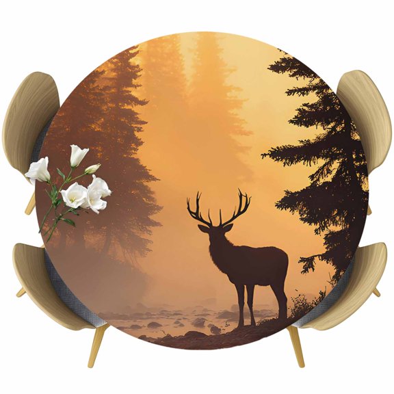 Golden Forest Elk Round Tablecloth 36-44 Inch Round Fitted Table Cloth with Elastic Edge, Foggy Pine Trees Lake Landscape Waterproof Table Cover Protector for Outdoor Picnic Party Dining