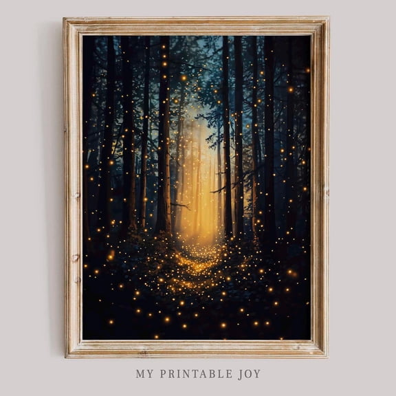 Golden Forest with Fireflies Poster Wall Art Enchanted Woodland Scene Glowing Magical Nature Decor for Rustic or Fairy Rooms, Size 8x12 UNFFRAMED F03.1.7l1448