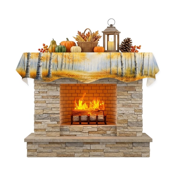 Golden Forest Fireplace Mantle Scarf Fall Misty Yellow Tree Amber Leaf Birch Trunks Path Mantel Cover Runner Fireplace Cloth for Holiday Party Home Living Room Decor 60 x 17 Inch