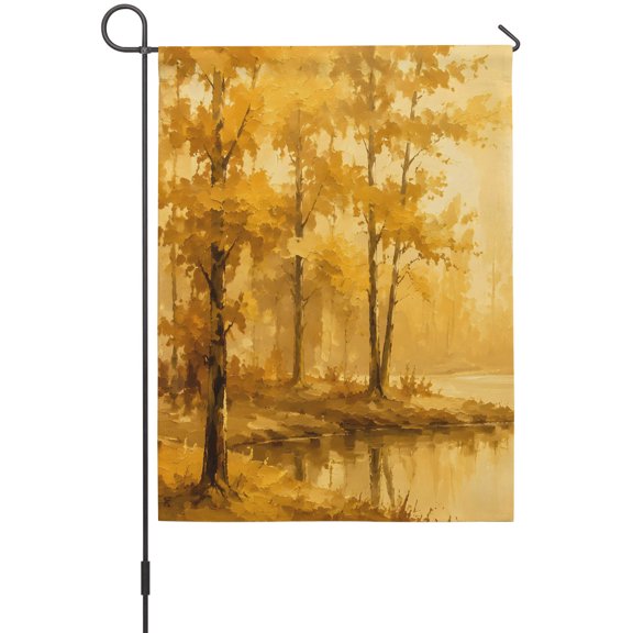 Golden Forest Garden Flag 12 x 18 Inches, Country Vintage River Sky Cloud Tree Landscape Weather Proof Outdoor Patio Flags Double Sided Small Garden Decoration for Yard Outside Home