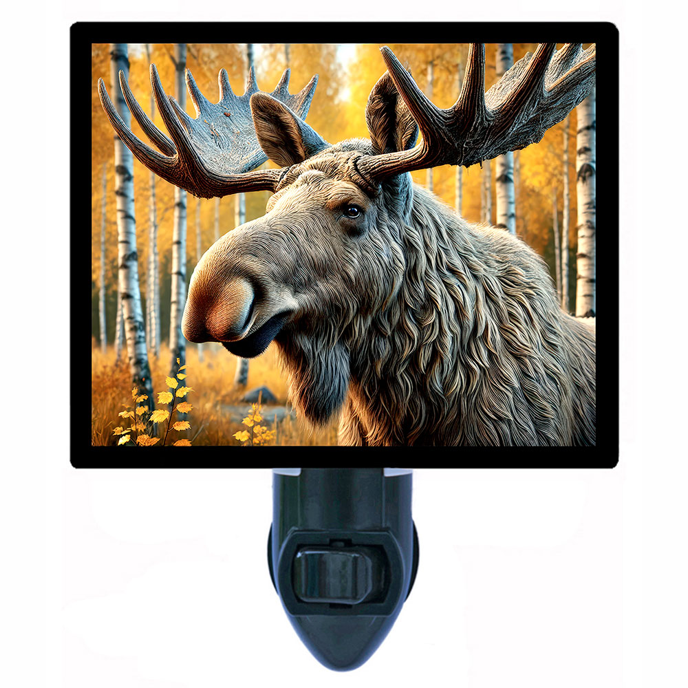 Golden Forest Guardian Night Light – Majestic Moose in Autumn Birch Woods Wildlife Décor with Free Switchable Insert