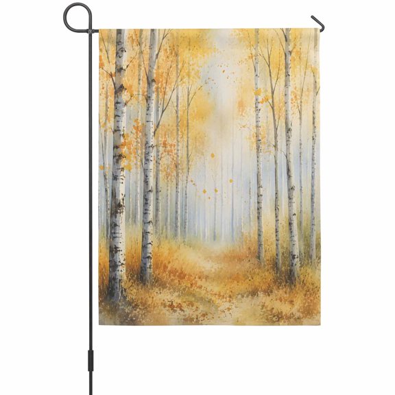 Golden Forest House Flag 28 x 40 Inches, Fall Misty Yellow Tree Amber Leaf Birch Trunks Path Weather Proof Outdoor Patio Flags Double Sided Small House Decoration for Yard Lawn Outside Home