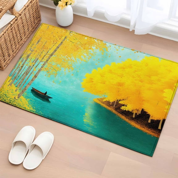 Golden Forest Lake 2'x3' Rug for Entryway Front Door Kitchen Sink Area, Fall Rowing Boat Turquoise Lake Water Low Pile Washable Non Slip Rectangle Area Rug