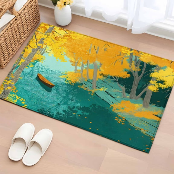 Golden Forest Lake 2'x3' Rug for Entryway Front Door Kitchen Sink Area, Rowing Boat Fall Autumn Landscape Low Pile Washable Non Slip Rectangle Area Rug