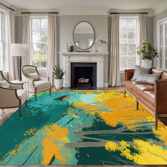 Golden Forest Lake 5'x7' Rug for Living Room Sofa and Coffee Table Layout, Rowing Boat Fall Autumn Landscape Washable Non Slip Rectangle Area Rug