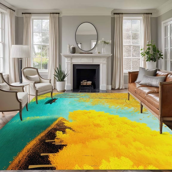 Golden Forest Lake 8'x10' Large Area Rug for Living Room Sectional Sofa, Fall Rowing Boat Turquoise Lake Water Washable Non Slip Low Pile Rectangle Area Rug