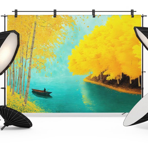 Golden Forest Lake Backdrops for Photography, Fall Rowing Boat Turquoise Lake Water Fabric Photo Background Sturdy Studio Props for Photo Studio, Video Recording, Booth & Photoshoot 7x5ft