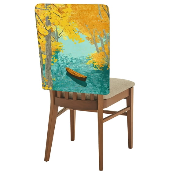 Golden Forest Lake Chair Back Covers Set of 4 Rowing Boat Fall Autumn Landscape Removable Dining Chair Slipcovers Washable Seat Protector for Restaurant Party Banquet Kichen Decor