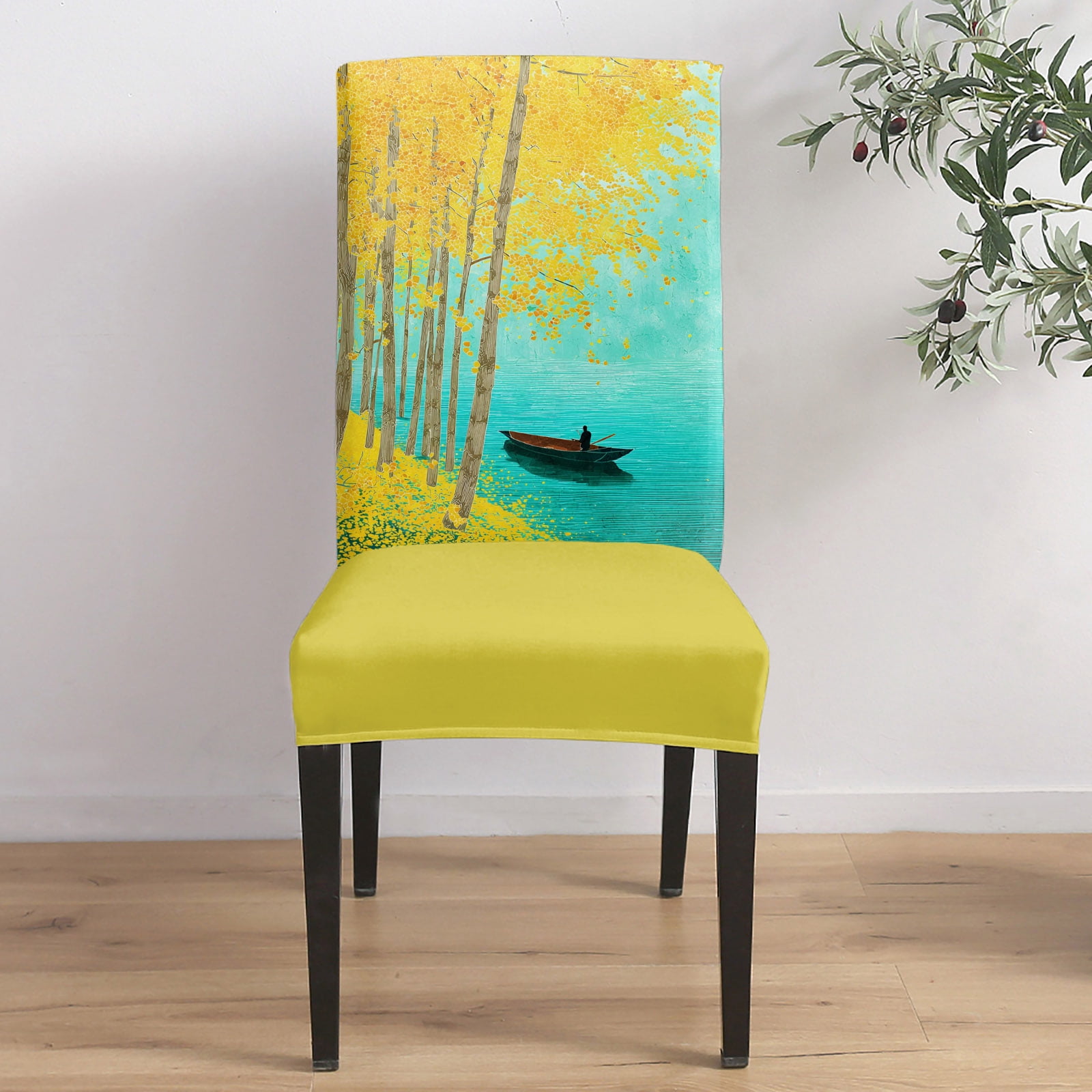 Golden Forest Lake Dining Chair Covers Set of 2, Fall Rowing Boat ...
