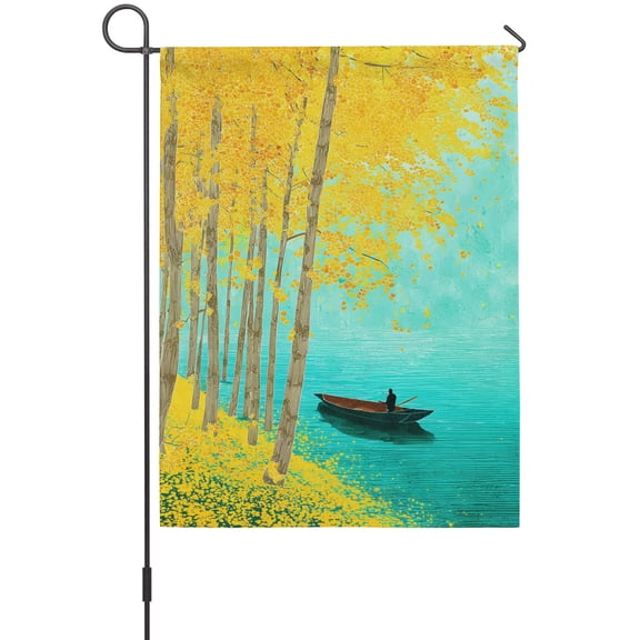Golden Forest Lake Garden Flags For Outdoor, Fall Rowing Boat Turquoise Lake Water Small Double Side Yard Flags Weather Proof Garden Decor for Lawn Outside Holiday 12 x 18 Inches