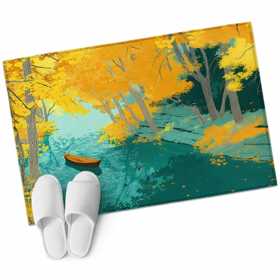 Golden Forest Lake Washable Small Entryway Area Rugs 2'x3', Rowing Boat Fall Autumn Landscape Low Pile Throw Rug Non-Slip Sturdy Edge Binding Carpet for Front Door Floor Room Entry