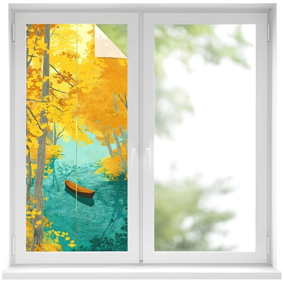 Golden Forest Lake Window Privacy Film, Rowing Boat Fall Autumn Landscape Frosted Glass Window Clings Static Cling UV Heat Blocking Reusable Door Sticker for Bathroom 17.7 x 39.3 Inch