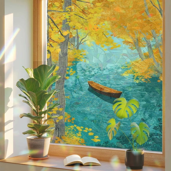 Golden Forest Lake Window Privacy Film, Rowing Boat Fall Autumn Landscape Stained Glass Rainbow Film Decorative Window Clings, Static Cling Sun Blocking Stickers 17.7" x 39.3"