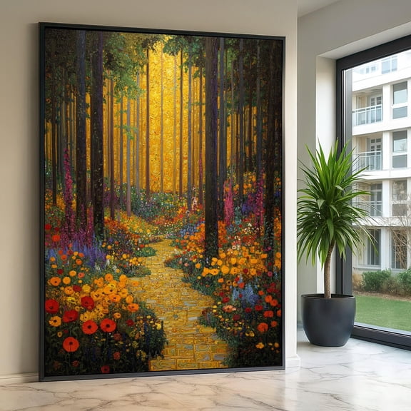 Golden Forest Pathway Canvas Gustav Klimt Inspired Wall Decor Vibrant Floral Woodland Scene Decorative Nature Canvas Bright Forest