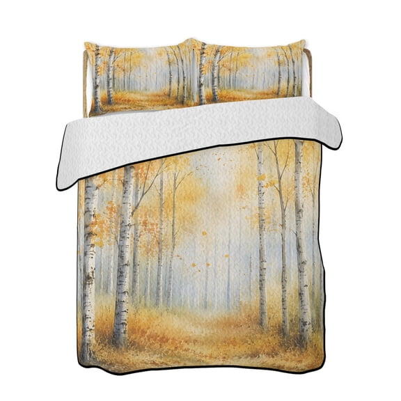 Golden Forest Quilts Bedding Set California King Fall Misty Yellow Tree Amber Leaf Birch Trunks Path Lightweight Quilted Bedspread 3 Piece Bed Quilt with 2 Pillow Shams for Bedroom 96" x 106"