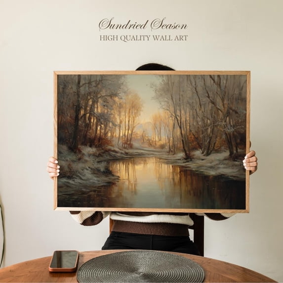 Golden Forest River in Winter Warm Light Snowy Trees Landscape, Unframed Canvas 8x10in