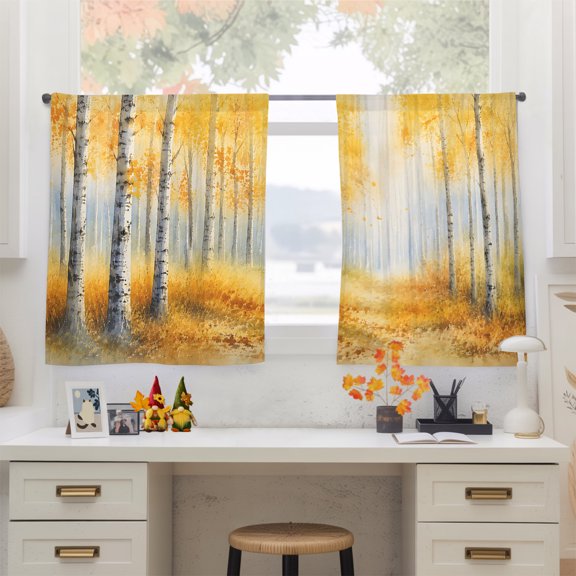 Golden Forest Sheer Curtains 45 inches Long 2 Panels Set Fall Misty Yellow Tree Amber Leaf Birch Trunks Path Tiers Sheers Rod Pocket Small Window Short Curtains for Kitchen Cafe, Each 52" W x 45" L