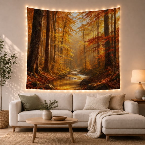 Golden Forest Stream in Autumn Tranquil Rustic for Nature Lovers, Woodland Landscape Art, Thanksgiving Gift, Tapestry Wall Hanging for Living Room and Bedroom