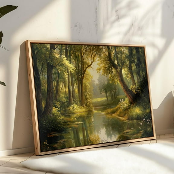 Golden Forest Stream Wall Art – Serene Woodland Landscape Print With Sunlit Trees And Reflective Water Wall Art, Modern Wall Decor, 8x12 UNFRAMED