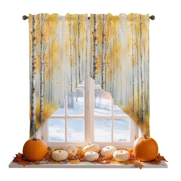 Golden Forest Swag Curtain Valances for Kitchen, Fall Misty Yellow Tree Amber Leaf Birch Trunks Path Rod Pocket Curtains Window Treatment Swag Valance for Bedroom Bathroom, 2 Panels 36 x 63 Inch