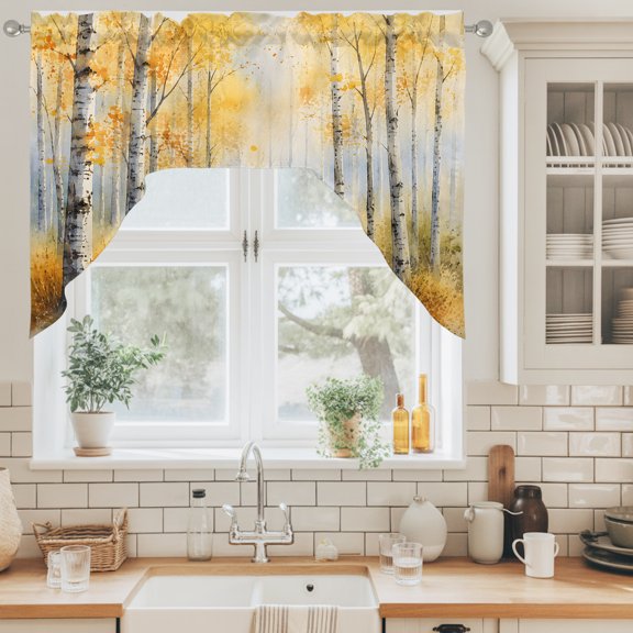 Golden Forest Swag Valance for Windows, Fall Misty Yellow Tree Amber Leaf Birch Trunks Path Swag Curtains Valances for Small Window Treatment Rod Pocket for Kitchen Bathroom 1 Panel 56x36in