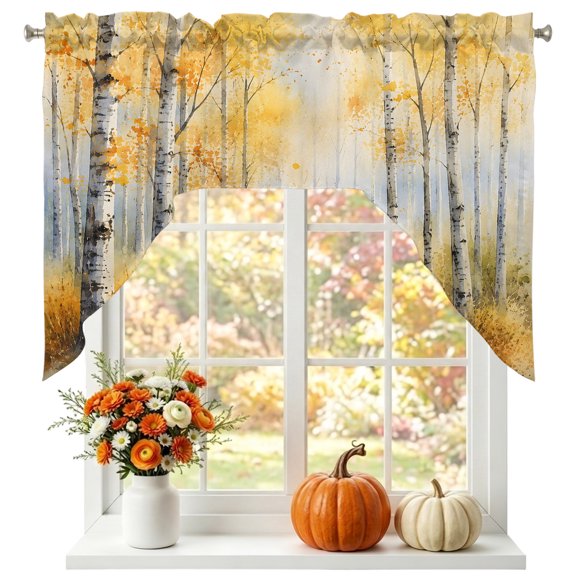 Golden Forest Swag Valances for Windows 56 x 36 Inch, Fall Misty Yellow Tree Amber Leaf Birch Trunks Path Rod Pocket Light Filtering Window Topper for Kitchen Bathroom Bedroom Living Room