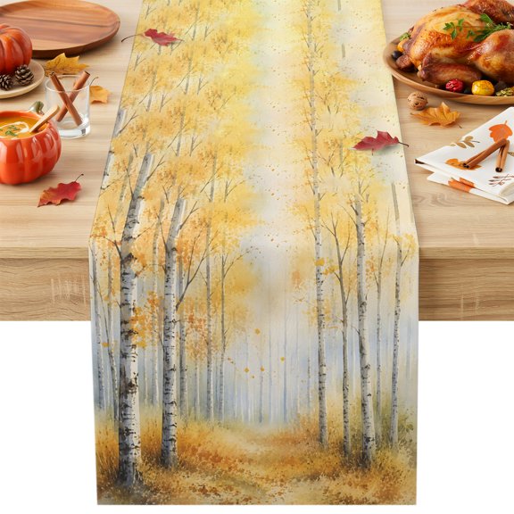 Golden Forest Table Runner 13x36 Inch Fall Misty Yellow Tree Amber Leaf Birch Trunks Path Cotton Linen Dining Table Runner Ideal for Dresser Kitchen Coffee Tables - Machine Washable