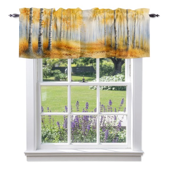 Golden Forest Valances for Windows, Fall Misty Yellow Tree Amber Leaf Birch Trunks Path Valance Window Treatment Rod Pocket Short Curtains Valances for Kitchen Bathroom 42"W x 12"L