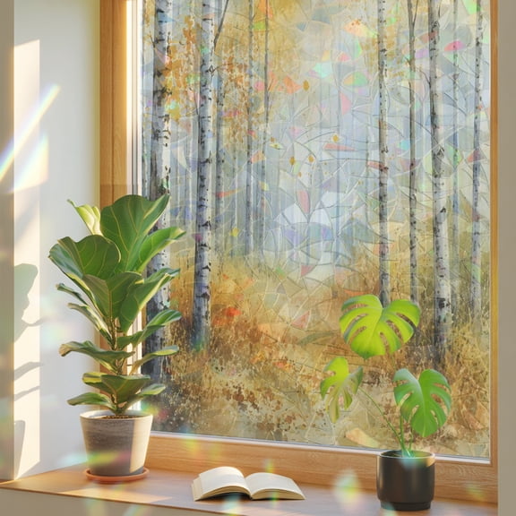Golden Forest Window Privacy Film, Fall Misty Yellow Tree Amber Leaf Birch Trunks Path Stained Glass Rainbow Film Decorative Window Clings, Static Cling Sun Blocking Stickers 17.7" x 39.3"