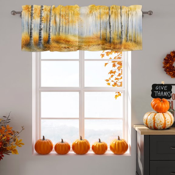 Golden Forest Window Valance for Kitchen, Fall Misty Yellow Tree Amber Leaf Birch Trunks Path Rod Pocket Short Curtains for Bathroom Bedroom Window, Light Filtering Decorative Valances 42x12 Inch