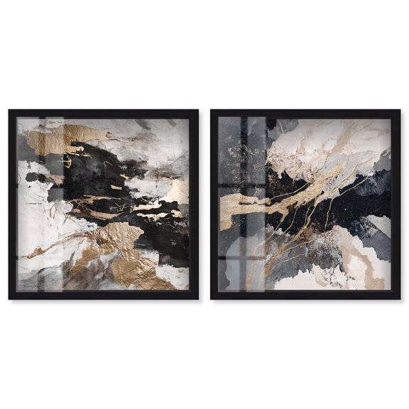 Golden Fracture Luxe Pair Shadowbox Print Gold Wall Art Set by Art Remedy, Black Frame, 20 x 20