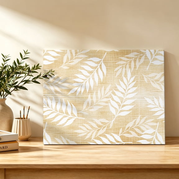 Golden Fronds Canvas Wall Art, Gold Amber Leaf Plant Canvas Weave Texture Wall Art Prints Artwork Framed Canvas Ready to Hang Art Pictures for Bathroom Bedroom Entry Desk Corner 10" x 8"