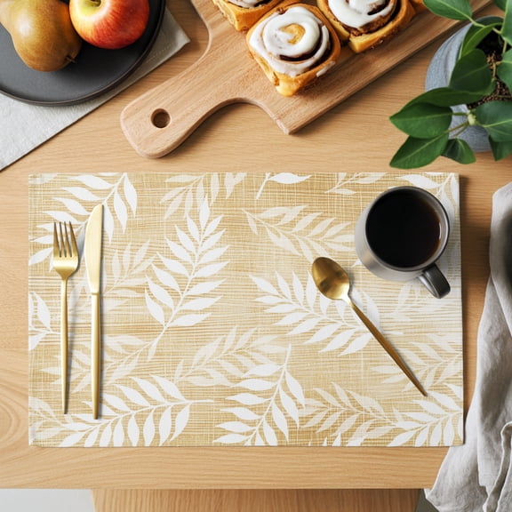 Golden Fronds Placemats Set of 2, Gold Amber Leaf Plant Canvas Weave Texture Heat Insulated Linen Place Mats, Washable Stain-Proof Table Mats for Dining Tables Holiday Decor 13x19 Inches