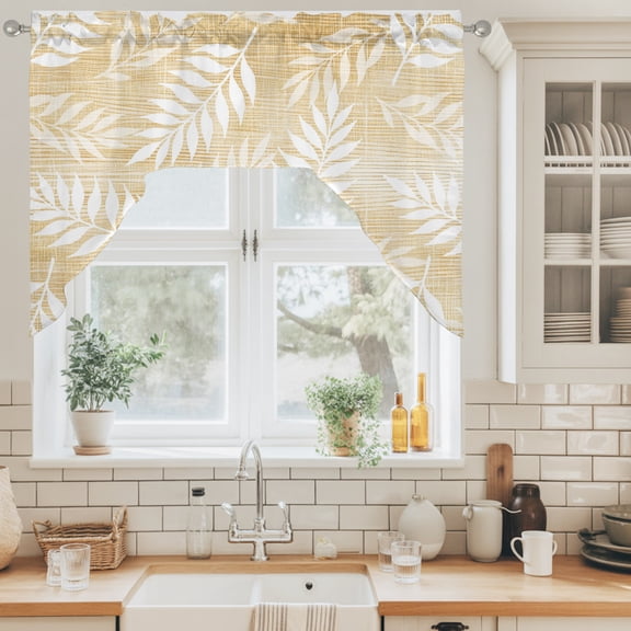 Golden Fronds Swag Curtain Valance for Windows, Gold Amber Leaf Plant Canvas Weave Texture Swag Curtains Drapes Rod Pocket for Kitchen Bathroom Small Window, 1 Panel 56x36in