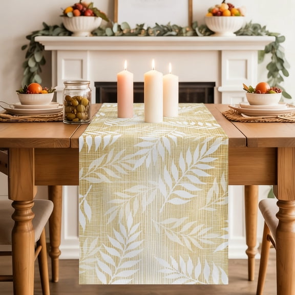 Golden Fronds Table Runner, Gold Amber Leaf Plant Canvas Weave Texture Washable Cotton-linen Table Runners Dining Kitchen Decoration for Everyday Home Wedding Party Decor, 13 x 36 Inch