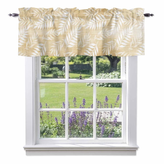 Golden Fronds Valances for Windows Gold Amber Leaf Plant Canvas Weave Texture Rod Pocket Light Filtering Short Window Treatments Curtains for Kitchen Bathroom Bedroom, 1 Panel, 42 x 12 Inch