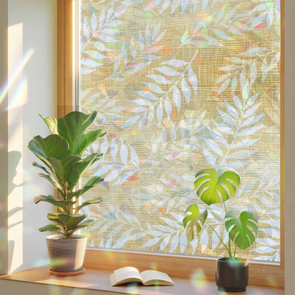 Golden Fronds Window Privacy Film, Gold Amber Leaf Plant Canvas Weave Texture Stained Glass Rainbow Film Decorative Window Clings, Static Cling Sun Blocking Stickers 17.7" x 39.3"