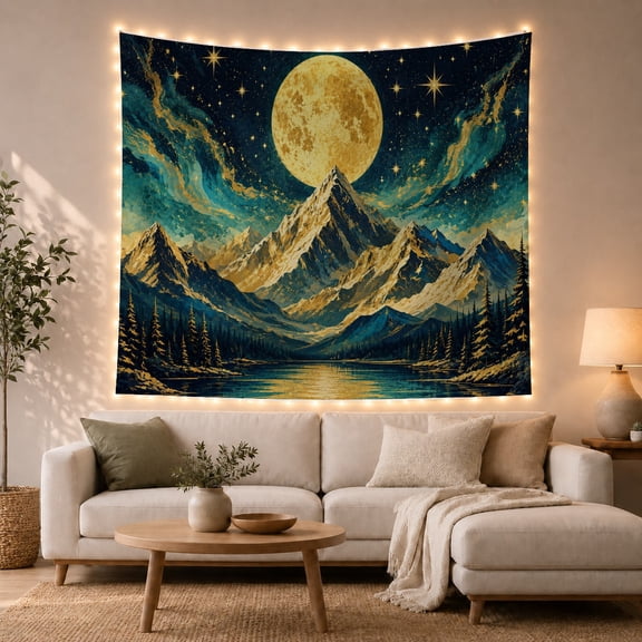 Golden Full Moon Over Mountain Lake, Serene Celestial Illustration for Nature Lovers, Dreamy Night Sky Art, Housewarming Gift, Tapestry Wall Hanging for Living Room and Dorm