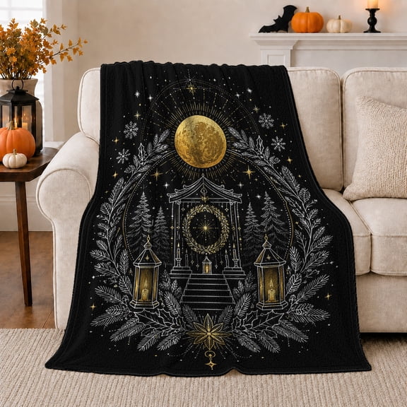 Golden Full Moon Above A Winter Archway, Cozy Flannel Blanket with Celestial Botanical Linework Print, Housewarming Gift for Winter Celestial Enthusiasts, Home Decor for Bedroom and Living Room