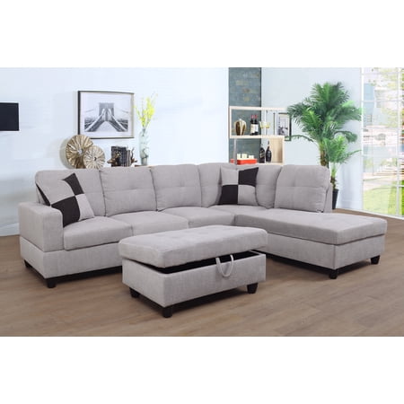 Golden Furniture 3 PCS L-Shaped Sectional Couch Sofa Set, Linen Fabric Living Room Set with Storage Ottoman and Match Pillows